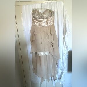 Strapless Embellished Cascading Layered Formal Dress in Beige